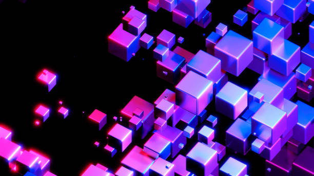 istock Abstract technology background with 3D cubes in space, purple blue neon glowing cubes on black. 2179541278
