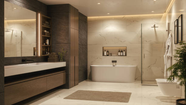 istock Luxurious Modern Bathroom Interior With Marble Finish and Soft Lighting 2179552510