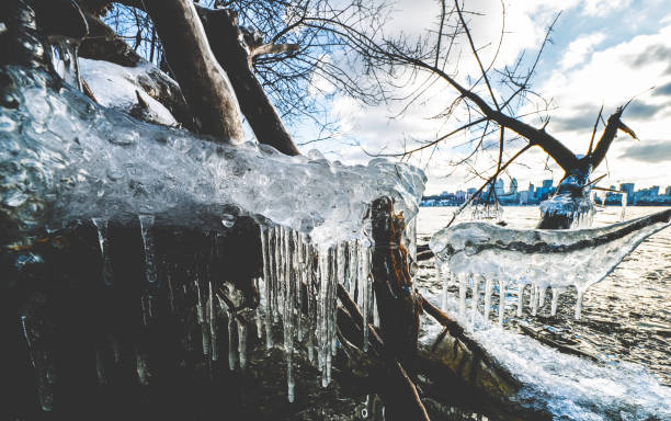Icicle, dirty ice stalactite sharpened downward when melting dirty snow