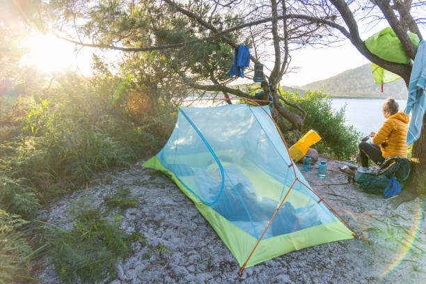 A woman in a yellow jacket preparing a tent at a scenic campsite by the water. The scene is surrounded by lush greenery, with a boat visible on the lake and mountains in the background.