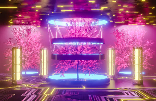 istock 3D rendering of trees with glowing lights in futuristic area 2179579761