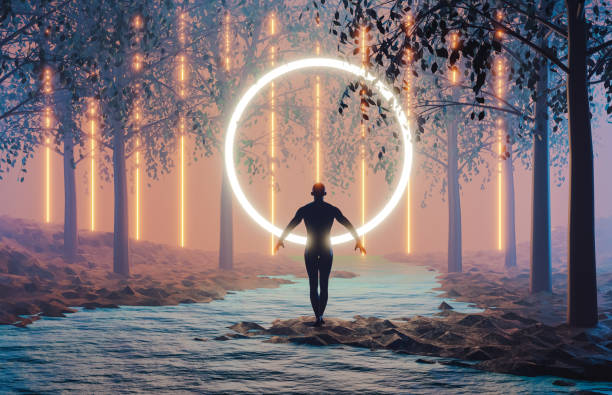 3D rendering of anonymous person standing on riverbank in front of glowing neon circular portal amidst trees in forest. Sci fi scene