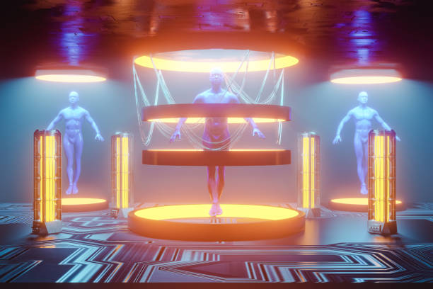 istock Humans inside illuminated neon circles in laboratory. Abstract Sci fi Scene 3D render 2179582866