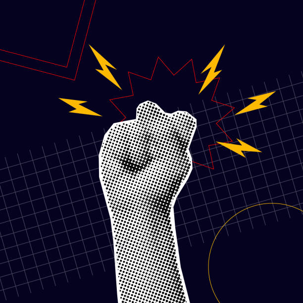 istock Trendy Halftone Collage Raised Fist up. 2179591575
