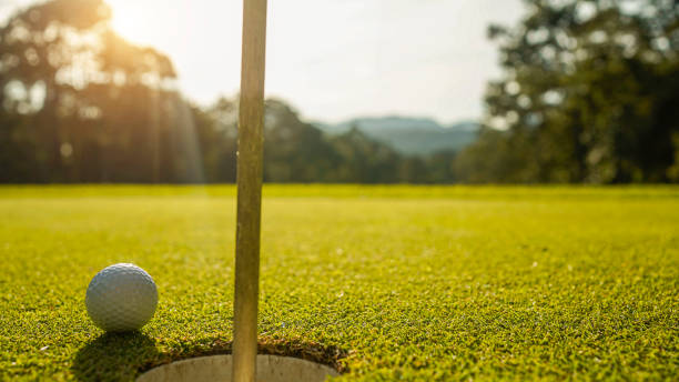 istock Golf ball on green grass in the evening golf course with sunshine background. 2179593763