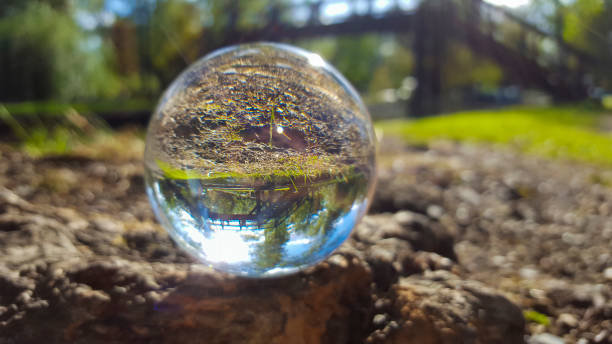 Glass ball in hand with landscape behind it - trees, forest and sun