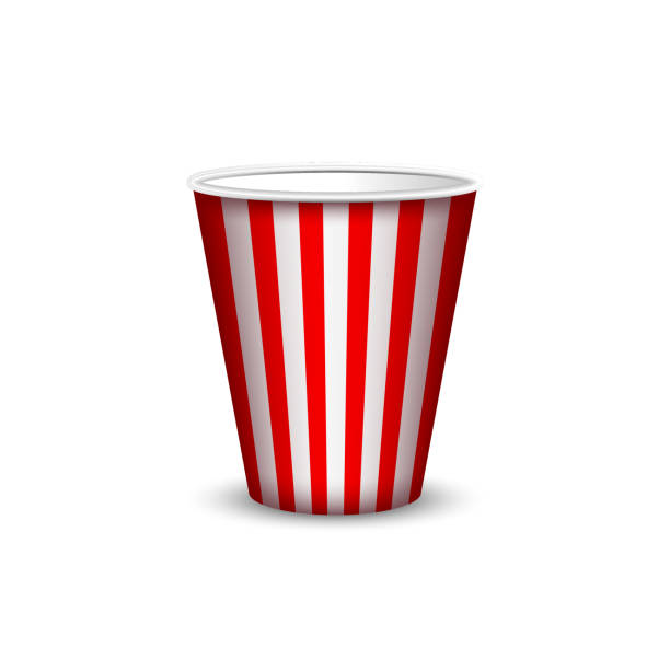 istock Realistic striped paper box for popcorn isolated on white background. Vector mockup of empty white and red bucket for popcorn. 2179598147