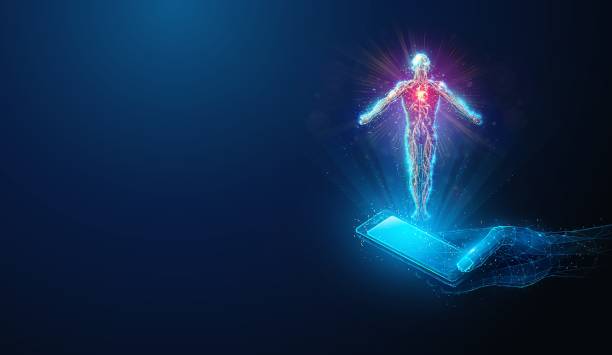 istock Abstract illustration of human body silhouette made of neon particles over low poly smartphone in hand. Blue geometric background depicting smart phone health monitoring and meditation concept by wireframe connection structure 2179598542