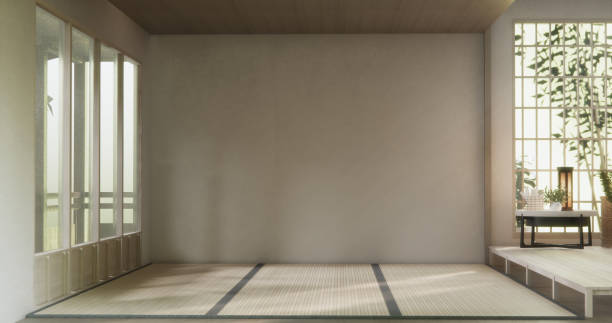 istock Mock up empty, Modern japanese tatami mat floor, room japanese traditional style. 3D rendering 2179600951