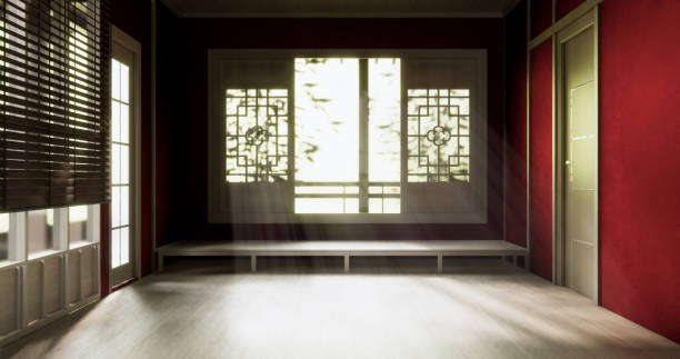 istock Red dark color wall on Empty room japanese traditional style interior.3D rendering 2179601061