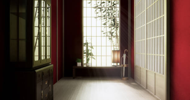 istock Red dark color wall on Empty room japanese traditional style interior.3D rendering 2179601062