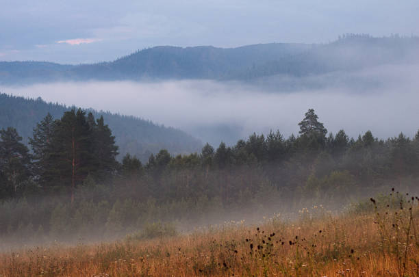 A misty summer sunset in the Southern Urals.