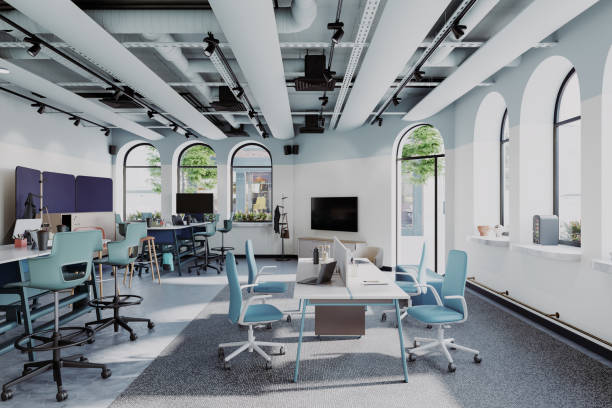 Creative Open Plan Co-Working Office Space Creative open plan co-working office space in pastel tones. small office interior stock pictures, royalty-free photos & images
