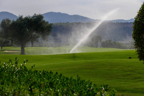 istock Morning mist rises over a lush golf course as sprinklers create a refreshing spectacle against the backdrop of distant hills 2179612097