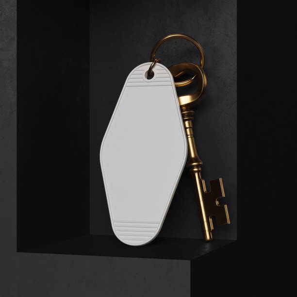 Hotel keychain with gold vintage key mockup. 3D rendering