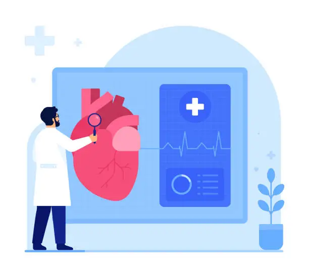 심장 ECG, 혈압을 확인하는 의사. 건강 관리, 심장 건강, 심장학, 건강 검진, 건강 검진, 심혈관 연구 개념. 흰색 배경에 고립 된 평면 벡터 일러스트 레이 션 심장 ECG, 혈압을 확인하는 의사. 건강 관리, 심장 건강, 심장학, 건강 검진, 건강 검진, 심혈관 연구 개념. 흰색 배경에 고립 된 평면 벡터 일러스트 레이 션