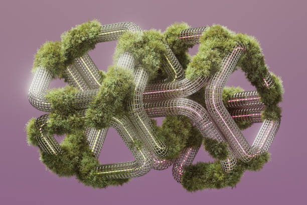 istock Two Metallic Grid Mesh Intertwine With Each Other and Lush Green Moss-Like Vegetation. Artificial Intelligence with Organic Integration. Ecosystem. 2179622771