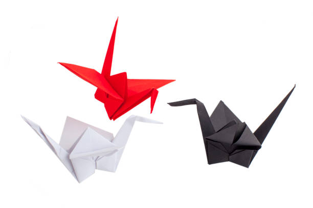 Red, black and white cranes isolated on white