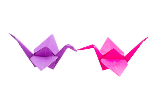 Pink and violet origami cranes isolated on white