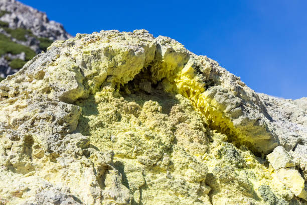 A close-up of the yellow rock made of sulfur on Mt. Io. An active volcano in Hokkaido.