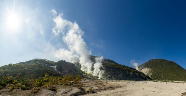 High up on Mt. Io, Hokkaido where a large geothermal steam vent spews out hot gasses and sulfur.