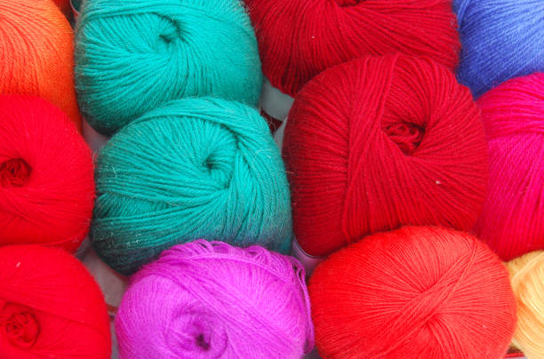 Close up view on knitting balls in different color