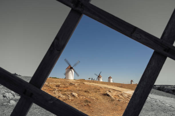 Spanish windmills in Mota del Cuervo, Cuenca, Castilla la Mancha, Spain