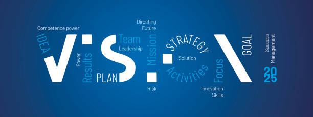 istock Vision 2025 New Year modern and powerful white light blue word cloud text with words in shape of Vision concept on blue board background 2179635678
