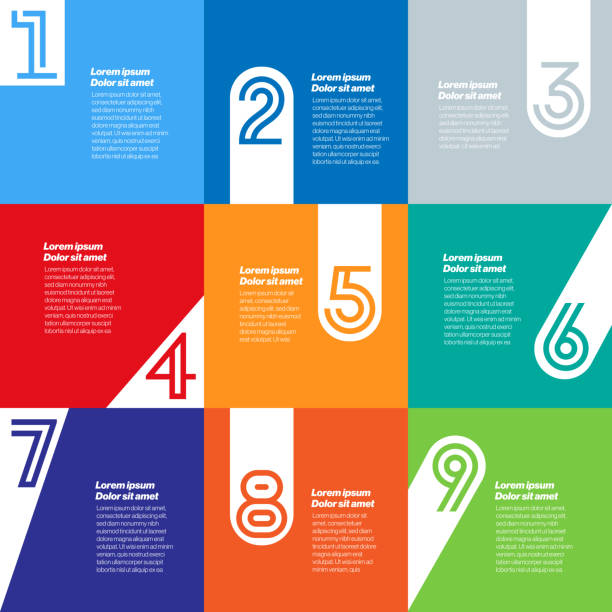 Numeric Information Template This template presents a modern and eye-catching layout that organizes text in sections highlighted by numbers. Its flexible structure makes it ideal for various informative presentations, step-by-step guides, and visual storytelling, suitable for both digital and print projects. one two three four five six seven eight and nine stock illustrations