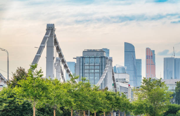 Krymsky Bridge or Crimean Bridge in Moscow. Steel suspension bridge in Moscow over the Moskva River