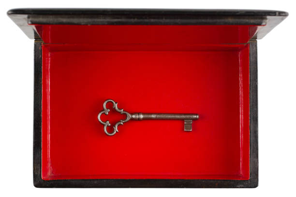 vintage old black and red casket with key isolated on white background