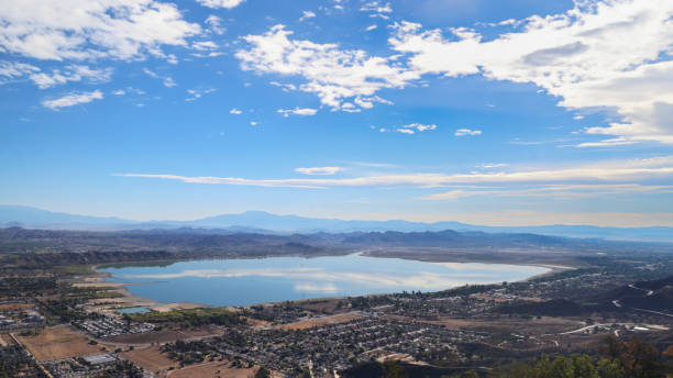 Panoramic view of Lake Elsinore, California on a sunny day.