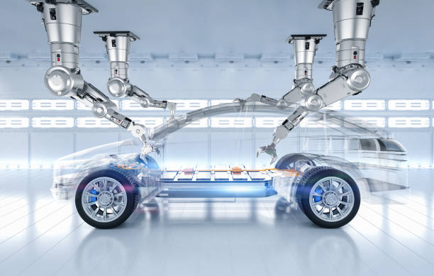 istock Robot assembly line with electric car battery cells module on platform 2179654217