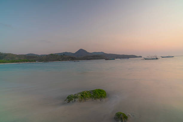 a mossy rock on the beach exposed to the waves at sunset