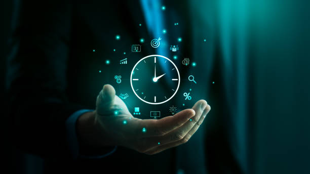 istock Businessman Holding Digital Clock Surrounded by Time Management Icons Representing Efficiency, Productivity, Goal Setting, and Task Prioritization in Modern Business Workflow Concept 2179679009