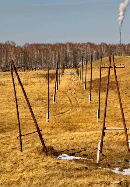 Russia. Krasnoyarsk Territory. A dirt winding road stretching into the distance between wooden poles with electric wires.