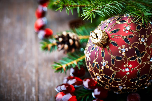 Christmas decoration on rustic wooden background. Close up.