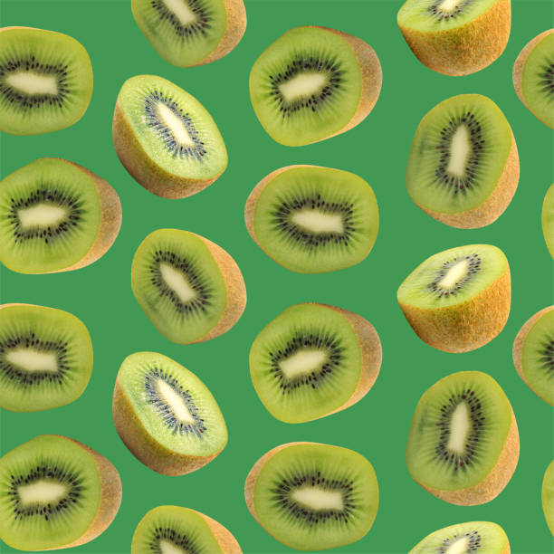 istock Kiwi halves seamless pattern for design. Juicy fresh fruit. Summer print wallpaper. Green background 2179697314