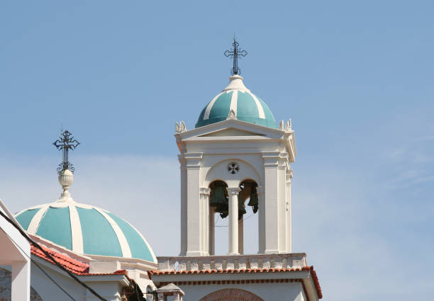 Greek Orthodox Church Dome and Bell Tower with Cross on Top in Samos, Greece