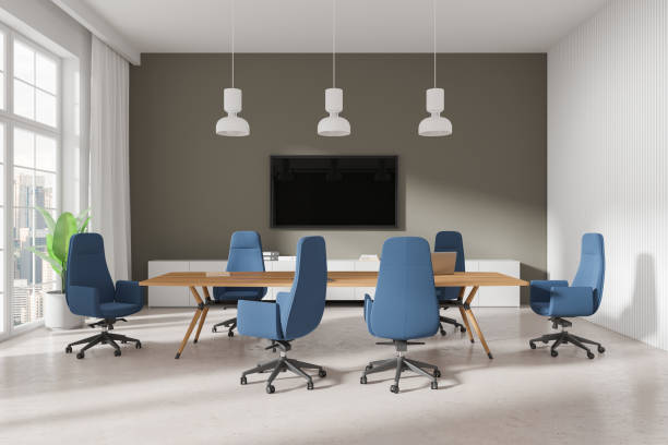 istock Modern office meeting room with blue chairs and wooden table. 3D Rendering 2179700778