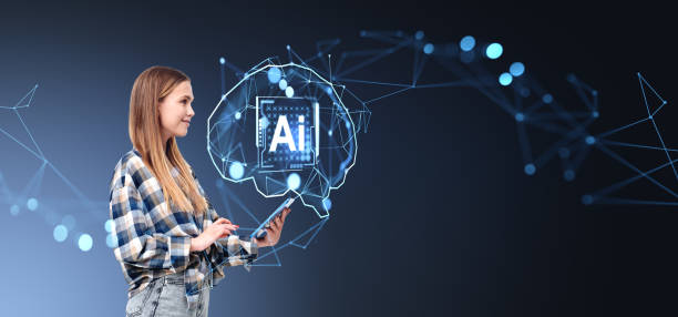 istock Woman using tablet and looking at digital AI brain hologram and lines 2179700908