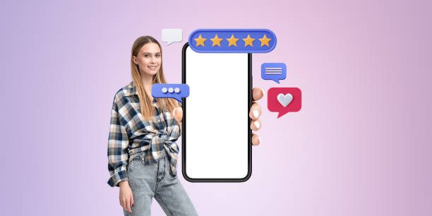 istock Woman with smartphone showing rating icons on a gradient backgro 2179701043