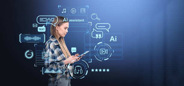istock Woman using tablet, AI icons hologram, bot and machine learning 2179701380