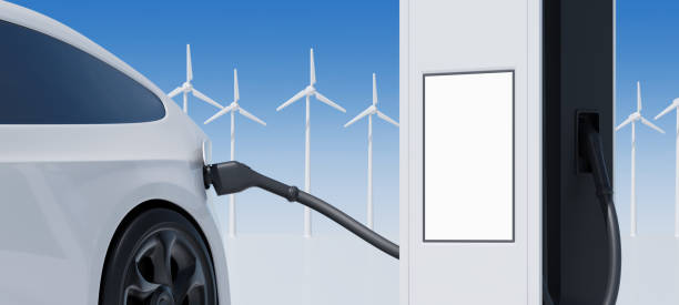 istock Electric car and charging plug with windmills, mockup poster 2179701399