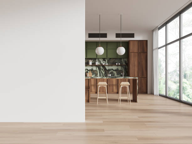 istock Home kitchen interior with bar island, cooking cabinet with window. Mockup wall 2179701425