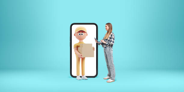 istock Woman with device, cartoon man in blank screen with a parcel, delivery concept 2179701675