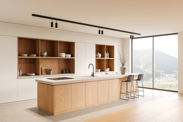 istock Modern kitchen interior with wooden cabinets and large windows. 3D Rendering 2179701780
