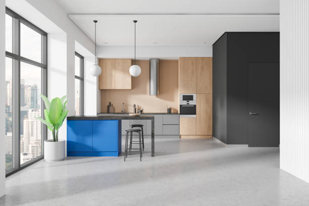 istock Modern kitchen interior with wooden cabinets and blue island. 3D Rendering 2179702097