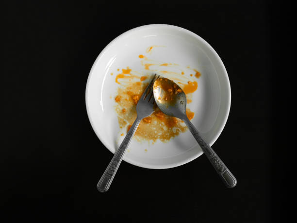 istock Dirty plate top view background, finished eat dinner in restautant, abstract textuer stain smearing drip sauce bbq jam chilli jelly on ceramic breakfast, concept for clean hyginene product. 2179704137