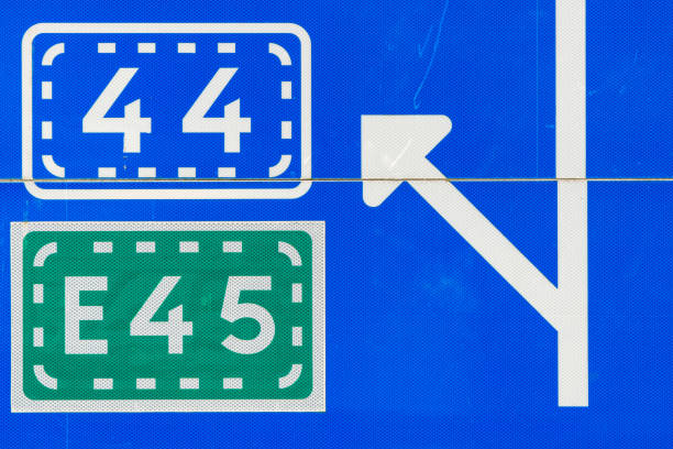 This road sign in Sweden displays route numbers 44 and E45, guiding travelers with a clear rightward directional arrow against a bright blue background.